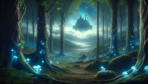 A mysterious magical forest bathed in soft moonlight filtering through dense foliage. Trees are entwined with glowing vines, and the ground is dotted with bioluminescent blue mushrooms. In the distance, a floating ancient castle is faintly visible.