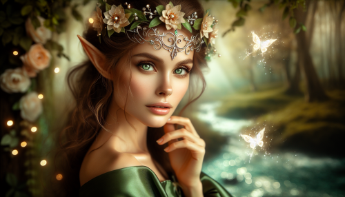 A portrait-style close-up of a graceful elf princess surrounded by glowing butterflies. She has delicate facial features with a serene expression, wearing a shimmering floral crown adorned with glowing flowers. Her flowing green silk gown is visible around her shoulders, and soft ethereal light highlights her intricate magical aura. The glowing butterflies add an enchanting touch to the composition, with a blurred mystical forest and radiant lake in the background emphasizing her elegance and charm.