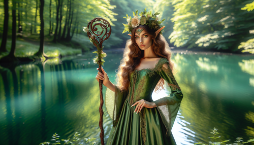 A graceful elf princess wearing a green silk gown, a shimmering floral crown on her head, and holding an intricately carved magical staff, standing by a radiant forest lake.