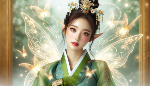 A portrait-style close-up of a graceful elf princess with facial features inspired by traditional Korean beauty, including soft skin, delicate almond-shaped eyes, and an elegant expression. She is surrounded by glowing butterflies, wearing a shimmering floral crown adorned with glowing flowers. Her attire combines elements of a flowing green silk gown with subtle traditional Korean hanbok patterns. Soft ethereal light highlights her intricate magical aura, and the background features a blurred mystical forest scene, emphasizing her charm and elegance.