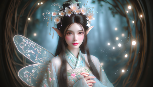 A portrait-style close-up of a graceful elf princess with facial features inspired by traditional Chinese beauty, including soft skin, delicate almond-shaped eyes, and an elegant expression. She is dressed in a flowing hanfu gown with intricate embroidery and soft pastel colors. She wears a delicate floral crown adorned with glowing flowers. Soft ethereal light highlights her intricate magical aura, and the background features a blurred mystical forest scene, emphasizing her charm and elegance.