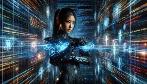 A futuristic hacker dressed in a sleek black electronic suit, set against a digital network world filled with rapidly scrolling code and flickering holographic symbols.