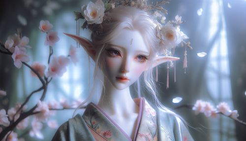 A portrait-style close-up of a graceful elf princess with facial features inspired by traditional Japanese beauty, including pale skin, delicate almond-shaped eyes, and a serene expression. She is dressed in a flowing kimono with intricate floral patterns in soft pastel colors. Her hairstyle is adorned with elegant kanzashi hairpins and delicate cherry blossoms. She wears a shimmering floral crown, and soft ethereal light highlights her intricate magical aura. The background features a blurred mystical forest with subtle sakura petals drifting, emphasizing her elegance and charm.