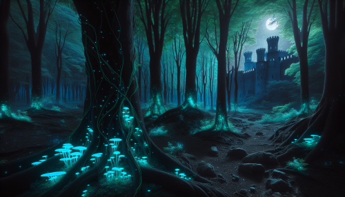 A mysterious magical forest bathed in soft moonlight filtering through dense foliage. Trees are entwined with glowing vines, and the ground is dotted with bioluminescent blue mushrooms. In the distance, a floating ancient castle is faintly visible.