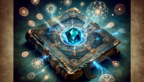 An ancient magical book with a glowing blue gemstone embedded on its cover. Golden runes and floating spell circles hover over its open pages, surrounded by an aura of mystical energy.