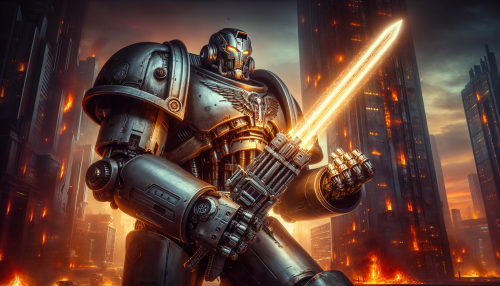 A futuristic mechanical warrior clad in silver armor, with a miniature rocket launcher mounted on its shoulder and a glowing laser sword in hand. The background is a war-torn city engulfed in flames.