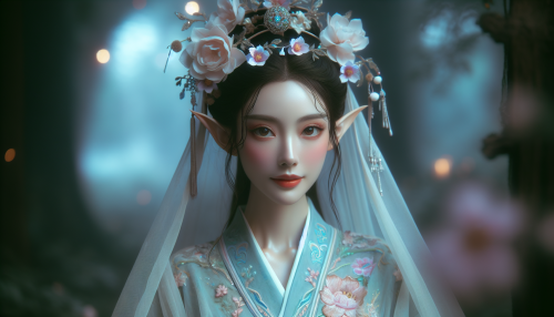 A portrait-style close-up of a graceful elf princess with facial features inspired by traditional Chinese beauty, including soft skin, delicate almond-shaped eyes, and an elegant expression. She is dressed in a flowing hanfu gown with intricate embroidery and soft pastel colors. She wears a delicate floral crown adorned with glowing flowers. Soft ethereal light highlights her intricate magical aura, and the background features a blurred mystical forest scene, emphasizing her charm and elegance.