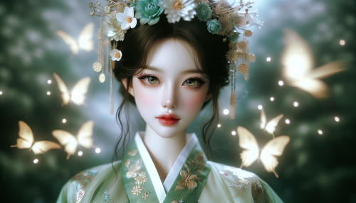 A portrait-style close-up of a graceful elf princess with facial features inspired by traditional Korean beauty, including soft skin, delicate almond-shaped eyes, and an elegant expression. She is surrounded by glowing butterflies, wearing a shimmering floral crown adorned with glowing flowers. Her attire combines elements of a flowing green silk gown with subtle traditional Korean hanbok patterns. Soft ethereal light highlights her intricate magical aura, and the background features a blurred mystical forest scene, emphasizing her charm and elegance.