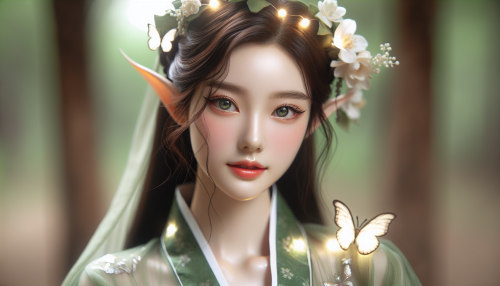 A portrait-style close-up of a graceful elf princess with facial features inspired by traditional Korean beauty, including soft skin, delicate almond-shaped eyes, and an elegant expression. She is surrounded by glowing butterflies, wearing a shimmering floral crown adorned with glowing flowers. Her attire combines elements of a flowing green silk gown with subtle traditional Korean hanbok patterns. Soft ethereal light highlights her intricate magical aura, and the background features a blurred mystical forest scene, emphasizing her charm and elegance.