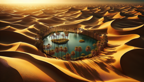 A vast desert with golden dunes stretching to the horizon. In the center, a tranquil oasis with crystal-clear water is surrounded by tall, lush palm trees.