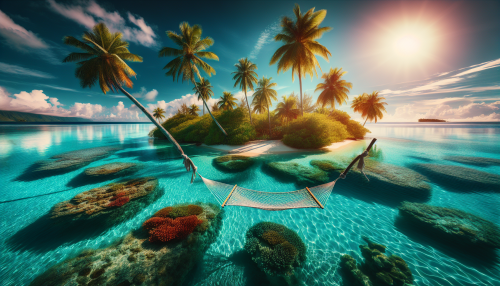 A serene tropical island with crystal-clear waters, swaying palm trees, and vibrant coral reefs visible beneath the waves. A hammock hangs between two trees, overlooking the horizon.