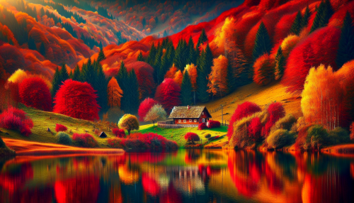 A picturesque countryside in autumn, with rolling hills covered in vibrant red, orange, and yellow foliage. A cozy wooden cabin sits by a calm lake, reflecting the colors of the trees.