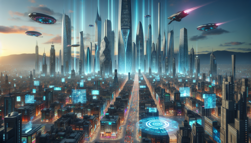 A sprawling futuristic city with towering skyscrapers, glowing neon signs, and sleek vehicles flying between buildings. Holographic advertisements fill the air as crowds navigate bustling streets below.