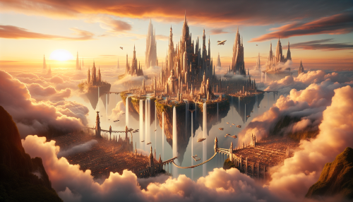 A floating city above the clouds, with elegant spires, cascading waterfalls, and flying ships navigating between the structures. The scene is bathed in golden light from a setting sun.