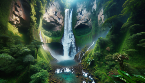 A majestic waterfall cascading into a crystal-clear pool, surrounded by dense tropical jungle. Vibrant flowers and vines drape from the rocks, and mist rises into the air.