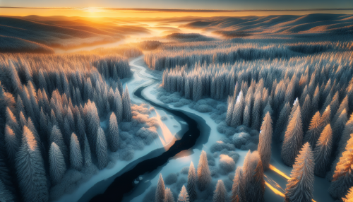 A snow-covered forest with tall evergreens and a frozen river winding through. The scene is illuminated by soft, golden light from the setting sun, casting long shadows on the pristine snow.