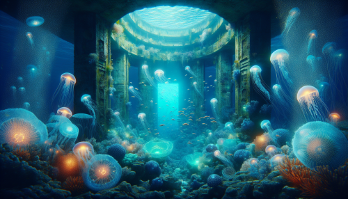 An underwater city illuminated by bioluminescent coral, glowing jellyfish, and shimmering schools of fish. The scene includes ancient ruins covered in marine life, giving it a mystical feel.