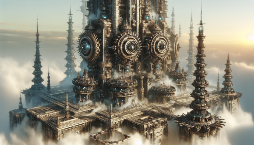 A colossal steampunk-style mechanical fortress with spinning gears, towering smokestacks, and glowing energy cores. The structure is surrounded by steam clouds and intricate machinery.