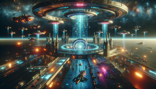 A wide-format cinematic depiction of a cyberpunk-style space station, featuring neon-lit structures, intricate mechanical details, and glowing energy cores. The station is surrounded by a starry cosmic background with floating spacecraft and shimmering light trails. The atmosphere exudes futuristic sophistication and technological marvels.