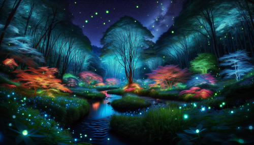 A magical forest glowing under the moonlight, with bioluminescent trees, vibrant flowers, and fireflies creating an ethereal atmosphere. A serene stream winds through the lush vegetation, reflecting the light of the starry sky.