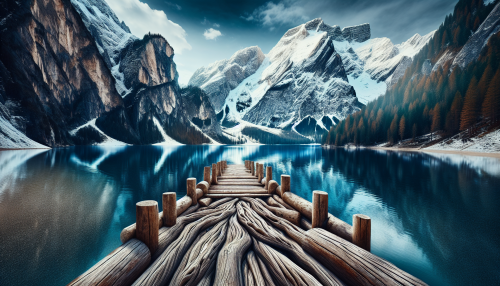 A pristine alpine lake surrounded by rugged snow-capped peaks. The still water perfectly reflects the majestic scenery, while a wooden dock extends into the lake.