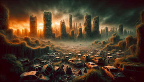 A desolate post-apocalyptic wasteland with crumbling skyscrapers, overgrown vegetation, and scavengers searching through abandoned vehicles. The scene is illuminated by a fiery orange sky.