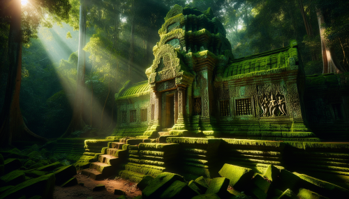 Ancient stone temples covered in moss, hidden deep within a dense jungle. Shafts of sunlight break through the canopy, illuminating mysterious carvings and statues.