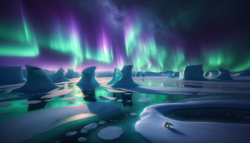 A vast, icy landscape under the ethereal glow of the Northern Lights. Towering glaciers reflect the vibrant greens and purples of the aurora, and a polar bear roams peacefully in the distance.