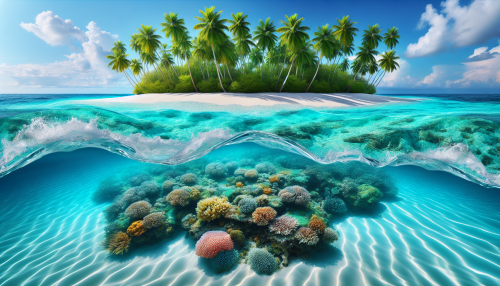 A tropical island with crystal-clear turquoise waters, white sandy beaches, and lush palm trees swaying in the breeze. Coral reefs teeming with vibrant marine life are visible beneath the waves.