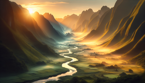 A breathtaking valley surrounded by towering mountains, bathed in the golden hues of sunrise. A serene river winds through the lush green landscape, with mist gently rising in the morning light.