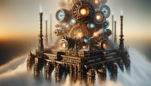 A colossal steampunk-style mechanical fortress with spinning gears, towering smokestacks, and glowing energy cores. The structure is surrounded by steam clouds and intricate machinery.