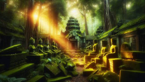 Ancient ruins of a forgotten temple surrounded by dense jungle. Moss-covered stone carvings and statues are illuminated by shafts of sunlight breaking through the canopy.