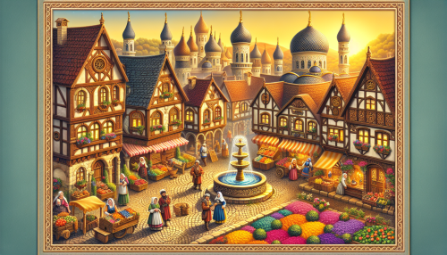 A picturesque fairytale village with cobblestone streets, colorful cottages, and a lively marketplace. The town square features a fountain surrounded by blooming flowers under a warm golden sunset.