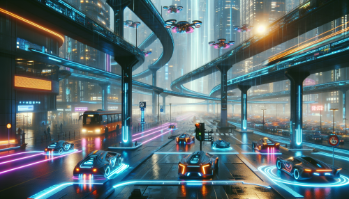 A wide-format cinematic depiction of a futuristic cyberpunk-style transportation system. Elevated magnetic highways crisscross the neon-lit cityscape, with sleek, glowing vehicles zipping through the air on anti-gravity tracks. The scene features hovering taxis, automated drones, and holographic traffic signs, all bathed in vibrant neon lights reflecting off rain-slicked surfaces. The atmosphere is bustling and dynamic, showcasing the high-tech sophistication of urban mobility.