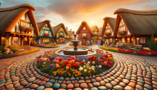 A picturesque fairytale village with cobblestone streets, colorful cottages, and a lively marketplace. The town square features a fountain surrounded by blooming flowers under a warm golden sunset.