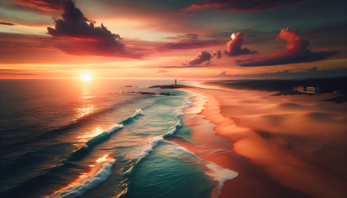 A tranquil beach at sunset, with golden sands and turquoise waves lapping at the shore. The horizon is painted in warm orange and pink tones, while a lonely lighthouse stands in the distance.