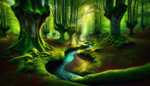 A dense and mystical forest with towering ancient trees, their canopies filtering rays of sunlight. The forest floor is covered with vibrant moss, glowing mushrooms, and a gentle stream flowing through.