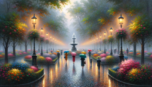 A peaceful city park on a rainy day, with wet cobblestone paths reflecting the soft glow of vintage streetlamps. Umbrella-clad figures stroll past blooming flowerbeds and a serene fountain.