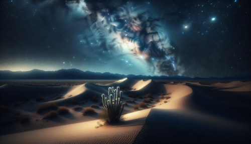 A serene desert under a brilliant night sky, with sand dunes illuminated by the soft glow of the moon. The Milky Way stretches across the sky, and a lone cactus stands in the foreground.