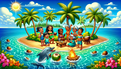 A colorful cartoon tropical island surrounded by crystal-clear waters and swaying palm trees. A group of characters enjoys coconuts and a beach bonfire as a friendly dolphin jumps from the sea.