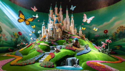 A whimsical cartoon castle perched on a hill, surrounded by colorful gardens and fluttering butterflies. The castle towers sparkle in the sunlight, with a friendly dragon lounging nearby.