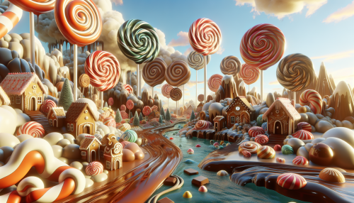 A whimsical candy land with giant lollipops, rivers of chocolate, and gingerbread houses surrounded by marshmallow clouds.