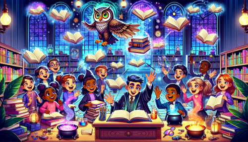 A lively cartoon scene of a magical classroom, with floating books, glowing cauldrons, and students casting playful spells. A wise owl perches on a desk, overseeing the chaos.