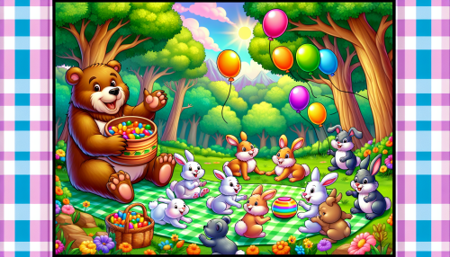 A cheerful cartoon forest with animals having a picnic, including a bear serving honey and rabbits playing with colorful balloons.