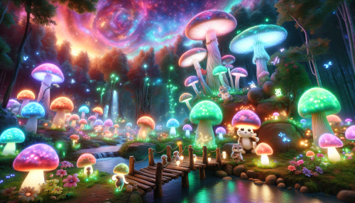 A magical cartoon forest filled with oversized mushrooms, glowing flowers, and adorable woodland creatures. A small wooden bridge crosses a sparkling stream under a sky full of swirling colors.