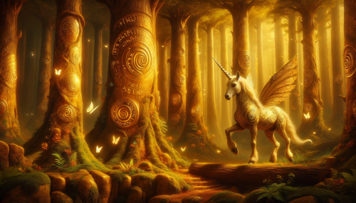 A fantastical forest with towering golden trees, glowing runes etched into the bark, and magical creatures like fairies and unicorns.