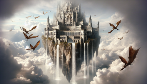 A majestic castle floating among the clouds, with cascading waterfalls and flying creatures soaring gracefully around it.