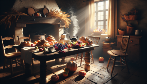 A cozy farmhouse kitchen bathed in morning sunlight, with a table set with freshly baked bread, fruit, and steaming coffee.