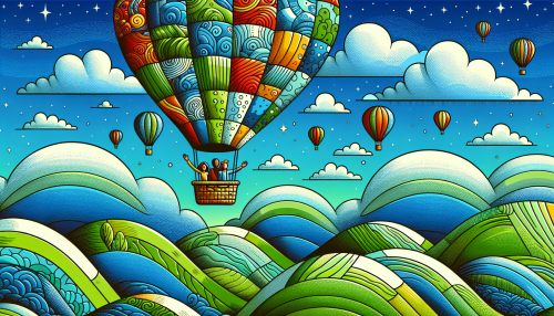 A cartoon hot air balloon floating over rolling hills, with colorful patchwork designs and characters waving from the basket. The sky is filled with fluffy clouds and other balloons drifting peacefully.