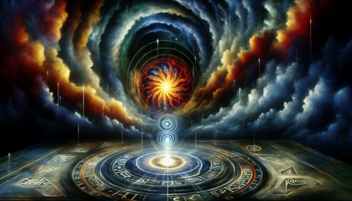 A mysterious ancient altar surrounded by glowing symbols, with dark storm clouds gathering overhead and a swirling vortex of energy at its center.